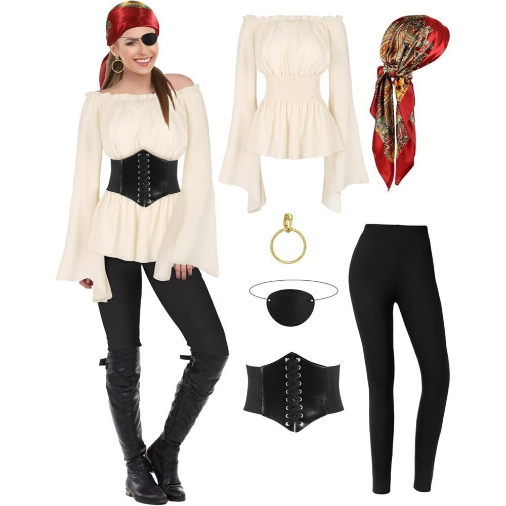 Women Pirate Costume Set Renaissance Blouse Belt Headscarf Accessories